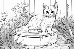 kitten fishing out of birdbath in middle of garden