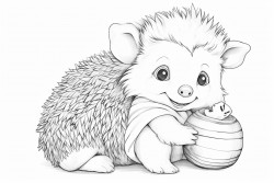 cute hedgehog playing with a stuffed dog