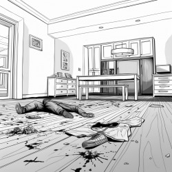 a crime scene in an apartment with a dead body bleeding face up and sprawled over