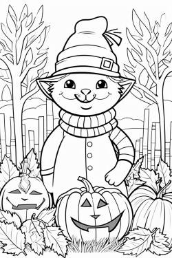 fall coloring page hay bales scarecrow leaves trees cat