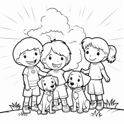 the sun is high in the sky four children are playing below by a tree next to them is a puppy