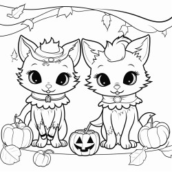 two cute smiling kittens in costumes one in a pumpkin costume the other a vampire stand next to a table laden with halloween treats a garland of bats and cobwebs hangs in the background