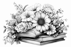 books surrounded by various delicate flowers