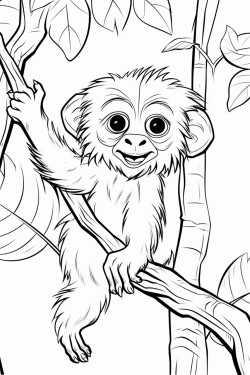 cottontop tamarin leaping between branches in a jungle with tall trees and hanging vines in the background
