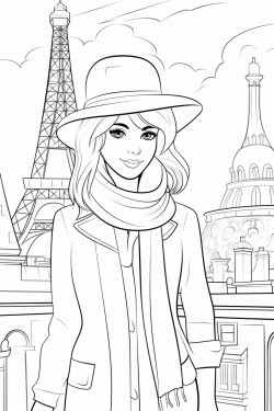 a stylish girl in paris coloring page