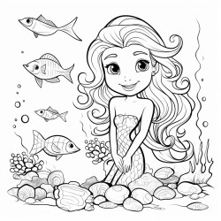 bolt and simpel black and wite coloring page of cute mermaid sarounded by sea creachers and seashells