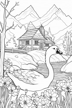 a geese in switzerland landscape with a quaint stone house surrounded by flowers and a cypress tree