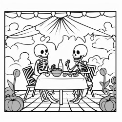 image with black lines on a white background illustrating skeletons enjoying a picnic in a graveyard for coloring in large basic shapes coloring book style no solid fill large white space for easy coloring ideal for kids enhanced line clarity