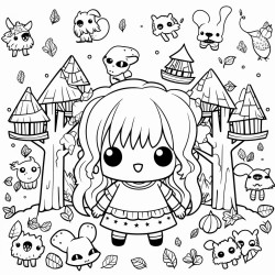 a kawaii character lost in a  spooky forest filled with strange creatures