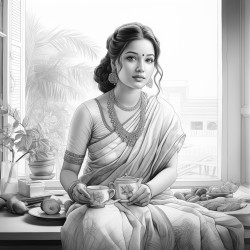 a bengali girl wearing saree sitting on chair drinking tea and table infront of her