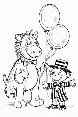 a dancing zebra holding balloons with a dancing alligator at a tea party in a simple coloring book style