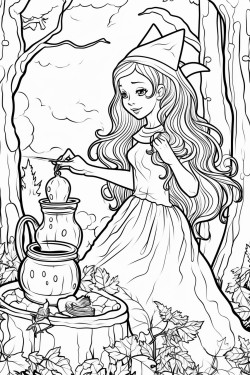 a whimsical witch brewing a potion in a forest