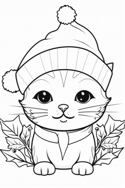 cute cat in christmas hat with holly sprig