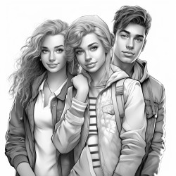 draw a friends group 2 older teen boys and 1 teen girl who is around 15