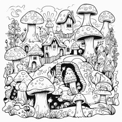 magical forest with mushroom houses etc