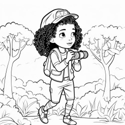african american cute girl birdwatching holding binoculars looking into trees