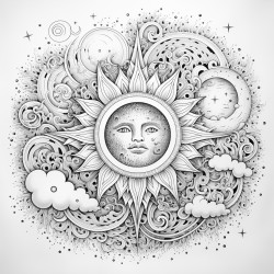 10 mandala of sun and moon phases with celestial rays      starting with a central sun and moon each phase radiates outward in a circular formation with celestial rays that blend into swirling clouds and stars around the edges mandela style page size 11 x 85 x 004 inches