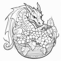 oriental dragon with a  basket of grapes plumes and blackberries