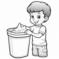 a 3 year old kid putting garbage in a trash can