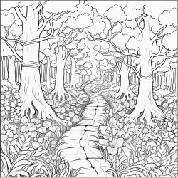 write a prompt for the colouring idea a forest path with colored leavesremember it must be in black and whiteso that the adult will be the one to colour it not more than 300 characters