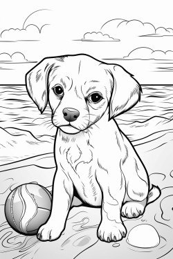 puppy at the beach playing with a ball