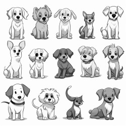 draw 30 images of dogs each featuring a different breed or pose