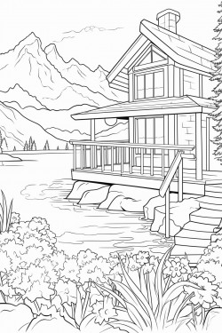 switzerland landscape with a quaint stone house surrounded by flowers wooden dock extending into a lake