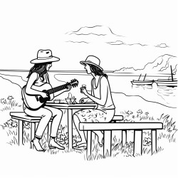 silhouette style women in a baseball cap playing ukulele at a picnic table