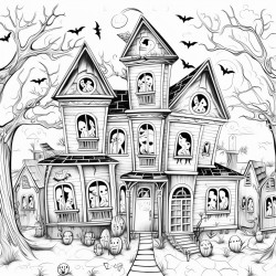 a fun nottooscary haunted house with friendly ghosts waving from the windows