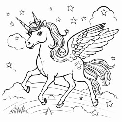 a unicorn that creates a rainbow there are some pegasuses that shoots stars on the rainbow