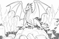 fire breathing dragon sitting on top of a out crop of rocks in a forest wings spread wide looking very menacing