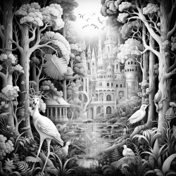 an abstract representation of animals in thick forest with lots of imaginations
