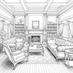 a large room with three couches and a fireplace