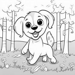 a dog dancing in the forest with music notes