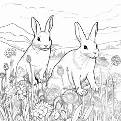 create a blackandwhite coloring page featuring rabbits in a peaceful meadow the rabbits should have bold clear outlines with varying poses from sitting to hopping include simple details like grass and flowers but keep the design uncluttered with large areas for easy coloring