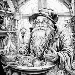happy wizard in a room with magic artifacts