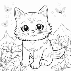 black and white coloring book drawing only thick outlines no grayscale for kids cartoon style cat forest