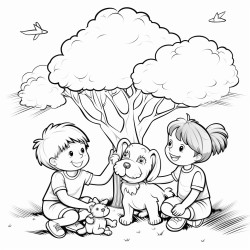 the sun is high in the sky four children are playing below by a tree next to them is a puppy