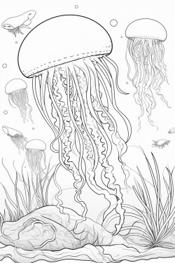 jellyfish floating gracefully with small fishes and sea anemones
