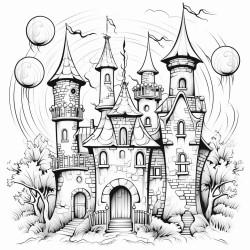 a magical halloween castle with turrets and a witch flying above