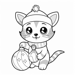 a cute cat  dressed in christmas clothes playing with a christmas decoration ball under the christmas tree