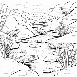 desert pond with multiple frogs toad and tadpoles hidden throughout