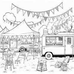 a festival in a field with market stalls food trucks and bunting