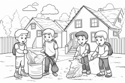 kids cleaning up school and village