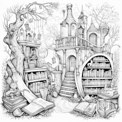 a magical world with books and animals
