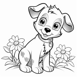 bolt and simpel black and wite coloring page of cute puppy sarounded by flowers clipart style