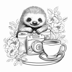 cute sloth in a teacup vintage camera
