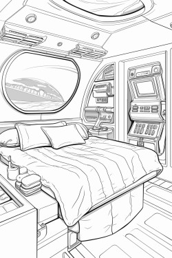 space ship cabin c bed with screens with desk space futuristic detail coloring book