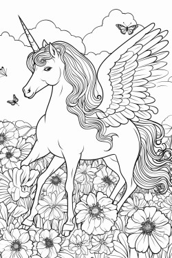 winged unicorn in flower garden with friends