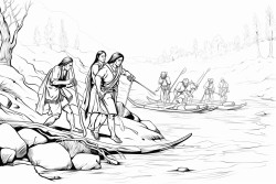 native americans crossing a river on foot using a grapevine as a rope to keep them connected